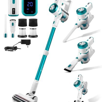 E.LUO Cordless Vacuum Cleaner,55 Mins Runtime Stick Vacuum with Intelligent Display,32Kpa Vacuum Cleaners for Home, Rechargeable Battery and Anti-Tangle Brush Handheld Vacuum for Floor Carpet Pet Hair