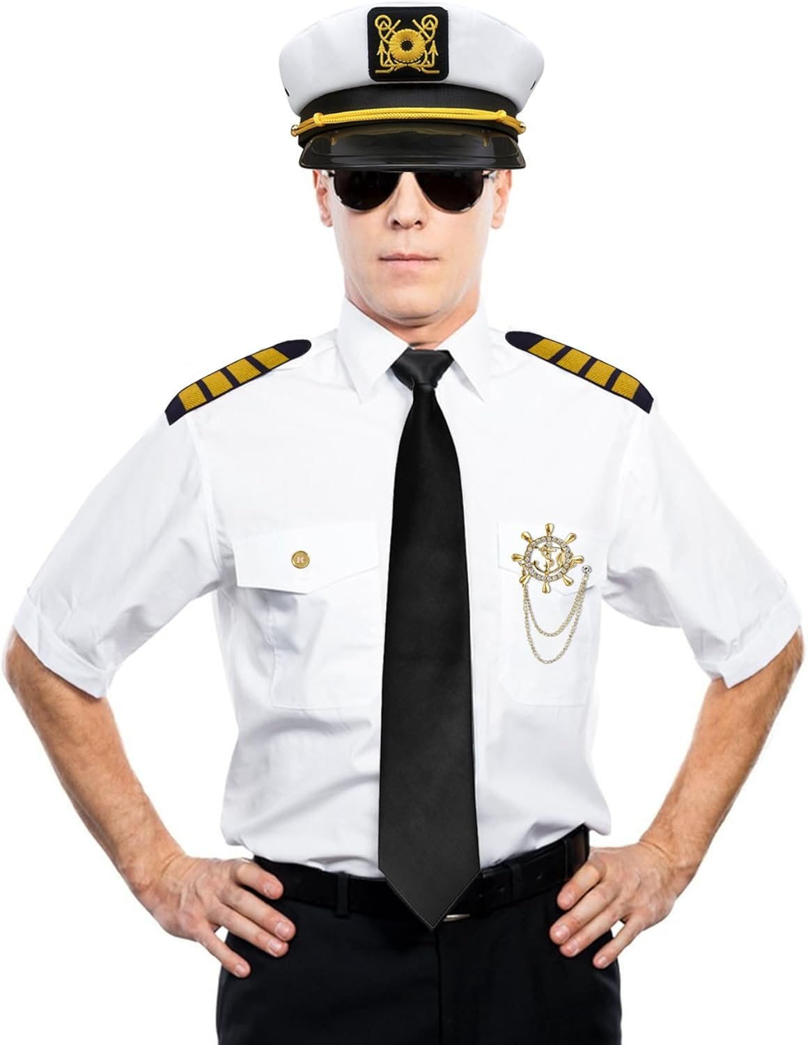 Men's Yacht Captain Sailor Costume 7PCS Adult Navy Shirt Hat Aviator Sunglasses Accessories Set Funny Party Cosplay - Image 5