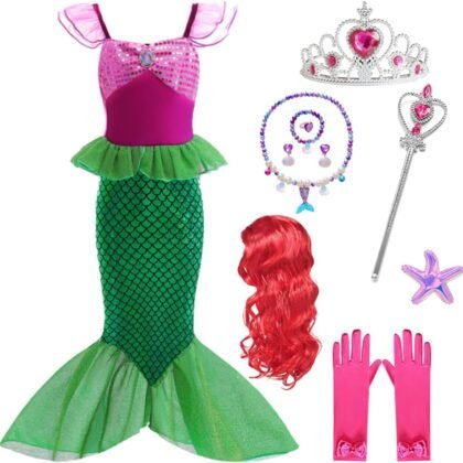 Little Girls Mermaid Costume Princess Dress Up Ariel Outfits with Accessories Wig Birthday Party Halloween Cosplay, Green, 2-3 Years(Tag 100)