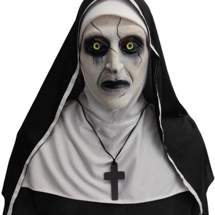Halloween Scary Nun Mask, Full Head Latex Nun Mask with Cross Charms for Horror Parties Cosplay