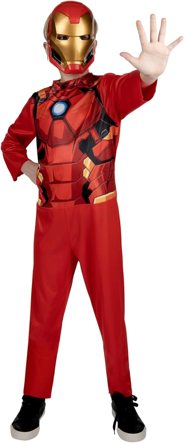 Marvel Iron Man Official Youth Halloween Costume - Premium Quality Fabric Jumpsuit with Printed Design and Plastic Mask