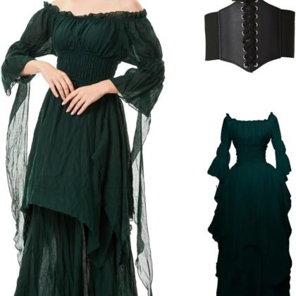 BITSEACOCO Women Medieval Victorian Off Shoulder Dress, Irish Chemise Costume Renaissance Faire Fairy Long Dress