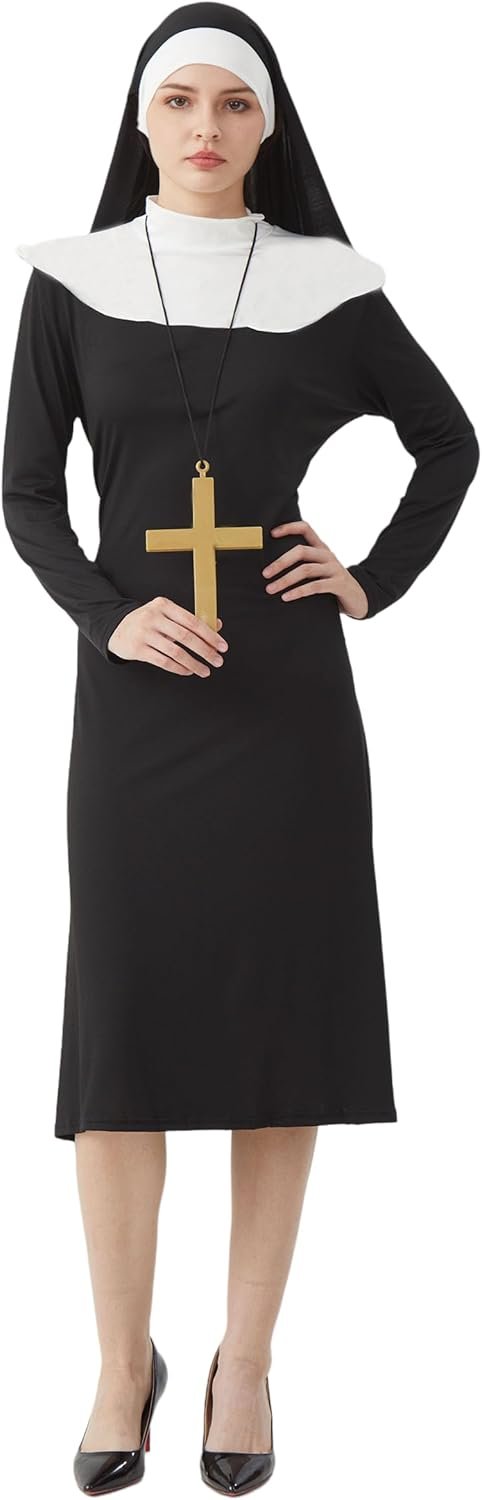 Halloween Nun Costume Woman, Nun Costume Dress Set Adult, Nun Outfit+Nun hat+ Cross Pendant for Cosplay Party - Image 3