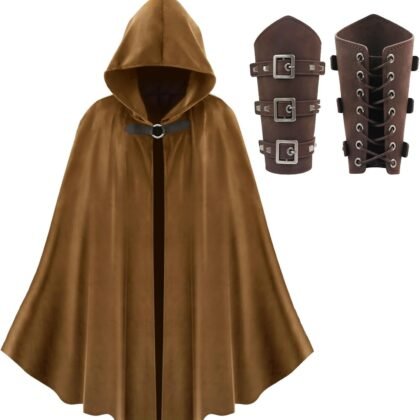 HyperFun Renaissance Hooded Cape Medieval Cloak with Leather Bracers Accessories for Wizard Witch Halloween Men Women