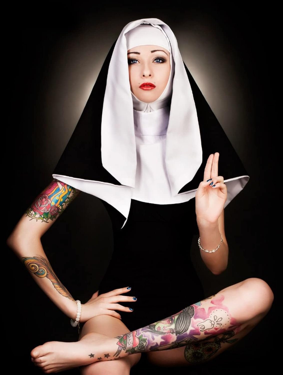 Saturey Halloween Nun Costume Accessories Set, with Nun Temporary Rhinestone Temporary Face Tattoo for Halloween Festival Rave Party Outfit for Halloween Cosplay Party, black, M - Image 4