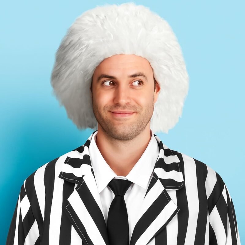 Jeyiour 5 Pcs Black and White Striped Halloween Suit Costume Set with Suit, Pants, White Wig, Black Tie and Fake Collar for 80s Scary Movie Halloween Cosplay Party Outfit - Image 7