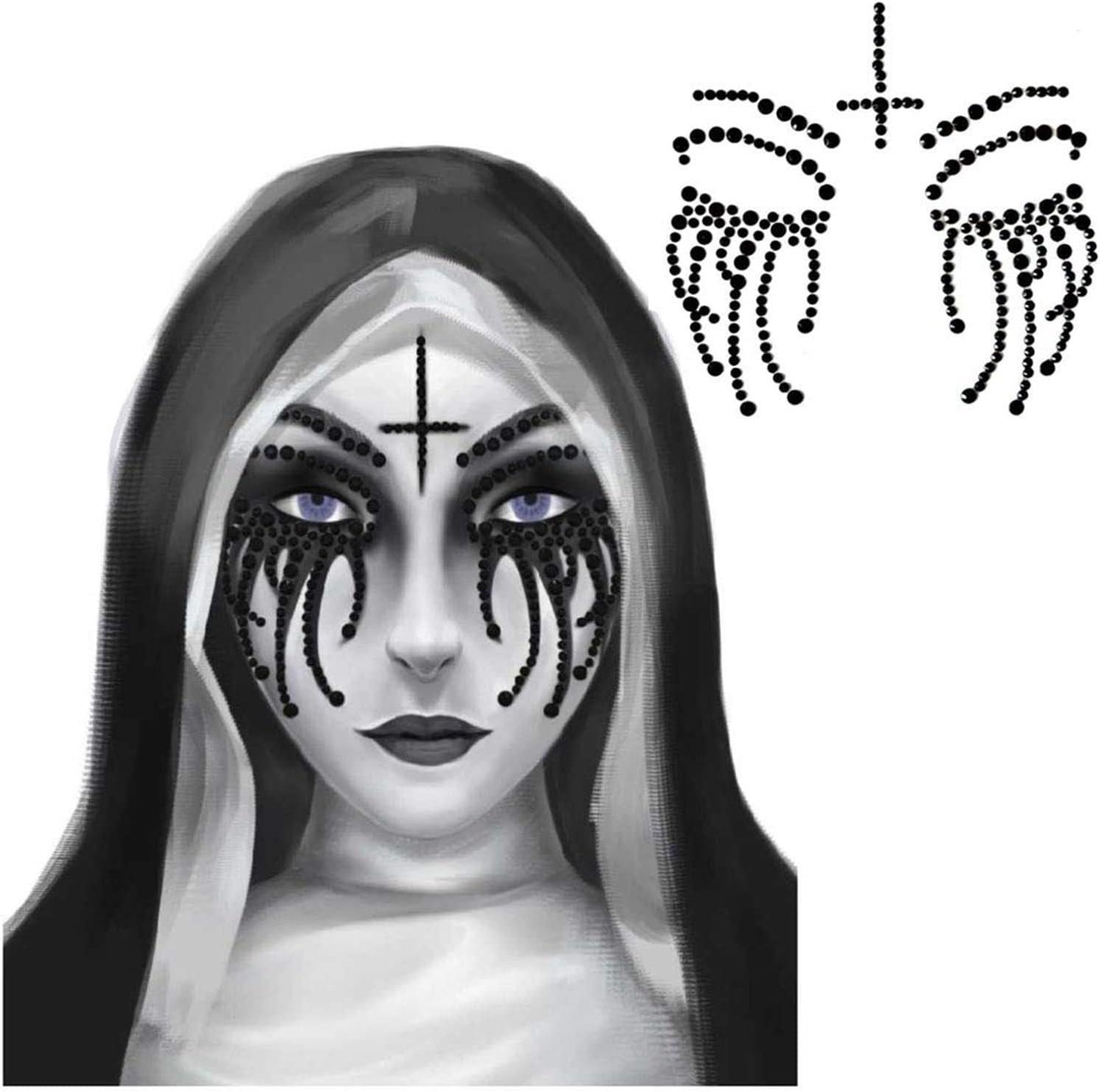 Saturey Halloween Nun Costume Accessories Set, with Nun Temporary Rhinestone Temporary Face Tattoo for Halloween Festival Rave Party Outfit for Halloween Cosplay Party, black, M - Image 6