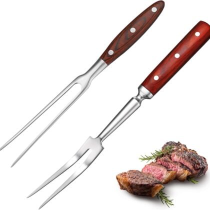 Patelai 2 Pcs Carving Meat Forks 12 in and 14 in Kitchen Stainless Steel Serving Grilling Beef Forks with Wooden Handle Xmas Large Cooking Forged Set for Home Family Party Roast BBQ Tools