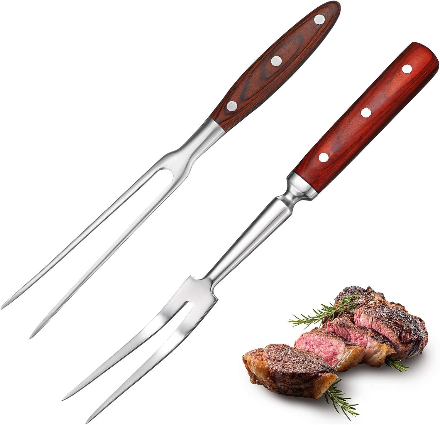 Patelai 2 Pcs Carving Meat Forks 12 in and 14 in Kitchen Stainless Steel Serving Grilling Beef Forks with Wooden Handle Xmas Large Cooking Forged Set for Home Family Party Roast BBQ Tools