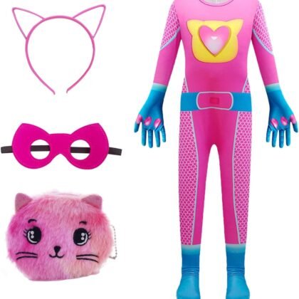 PixiePicks Superhero Costume Jumpsuit for Girls, Cat Wallet and Headband for Halloween Christmas Party