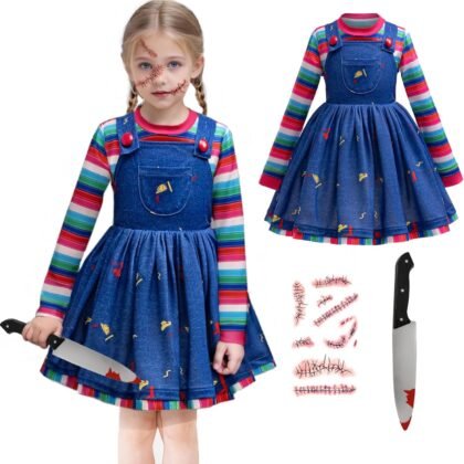 2pcs Blue Denim Dress Costume Toddler Girls Movies Outfit 2t With Striped Top Dress Horror Halloween Cosplay Costume