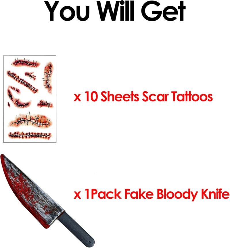 10 PCS Scar Tattoos 16 Inch Large Halloween Fake Knife Prop with Fake Blood for Chucky Costume Plastic Halloween Prop Knife for Costume Accessories Horror Cosplay - Image 2
