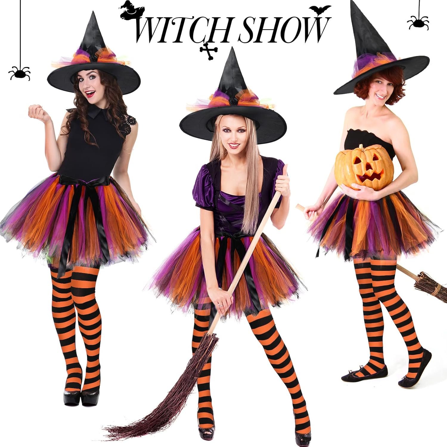 SATINIOR Halloween Witch Costume for Women 2025 Halloween Witch Hat Tutu Skirt and Striped Tights for Cosplay Party(Orange Black) - Image 3
