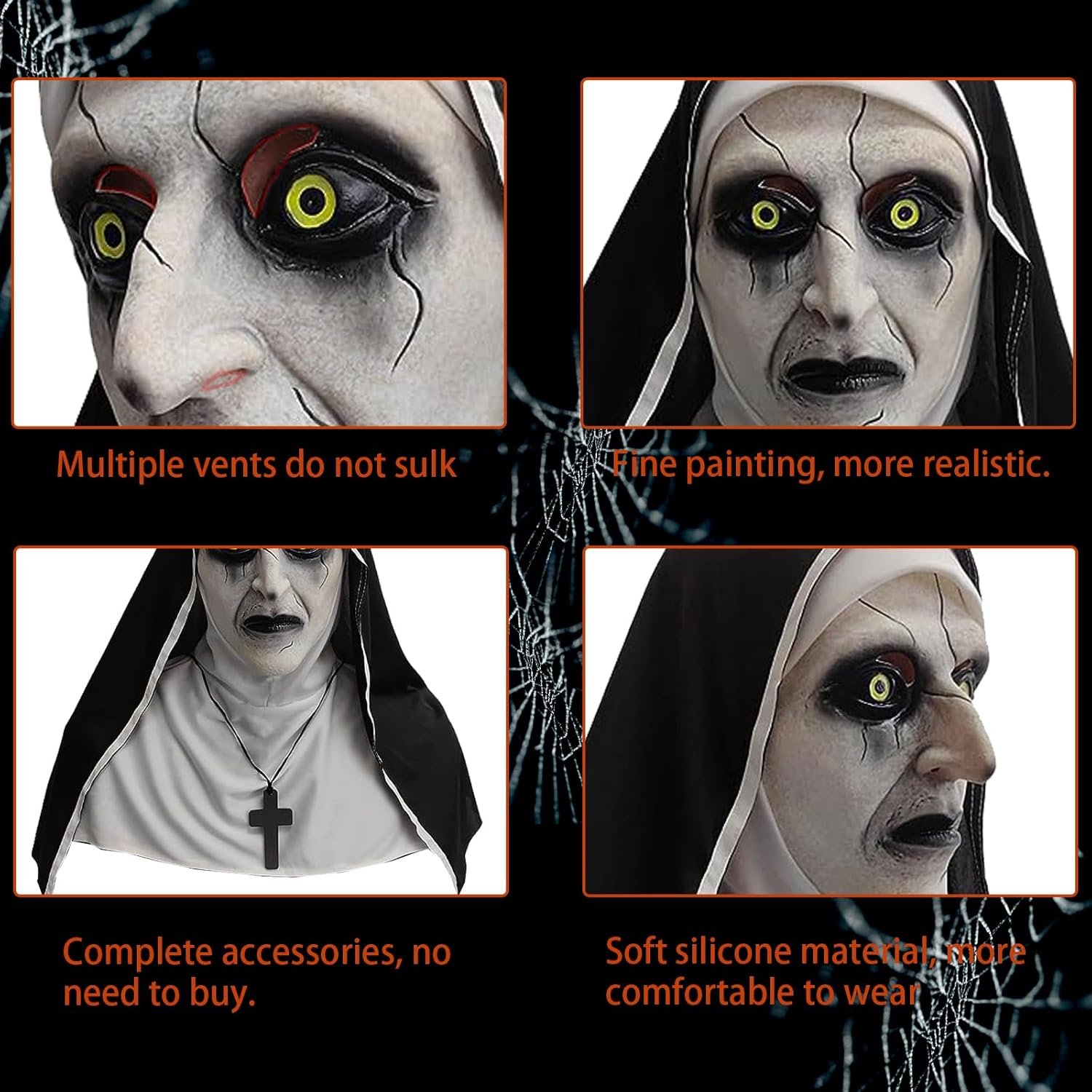 Halloween Scary Nun Mask, Full Head Latex Nun Mask with Cross Charms for Horror Parties Cosplay - Image 4