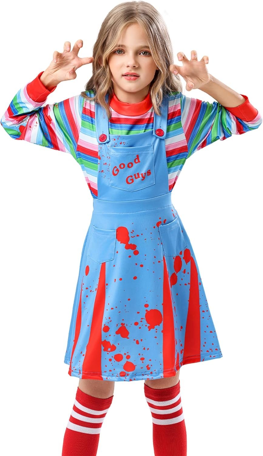 Girls Horror Movie Doll Costume, Light Blue Red Splatter Overall Dress with Striped Top Knee High Socks 4-12 Years - Image 2