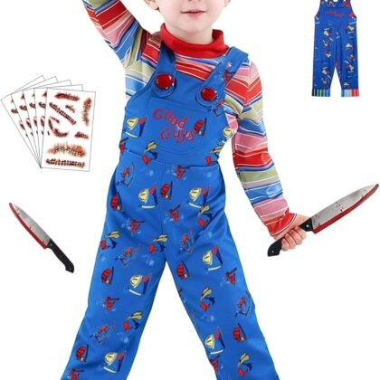 【5 Sizes for 2-13Y】 Chucky Costume for Kids Halloween Jumpsuit Long Sleeve Rainbow Shirt Prop Knife Scar Tattoos