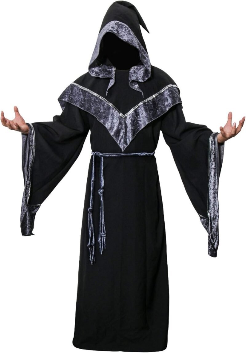 AMNPOLEN Mens Medieval Dark Mystic Sorcerer Robe Halloween Costume Hooded Cape Cosplay Cloak