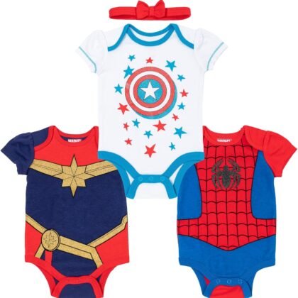 Marvel Avengers Captain Marvel Captain America Spiderman Baby Girls Cuddly Short Sleeve Bodysuit & Headband Newborn to Infant