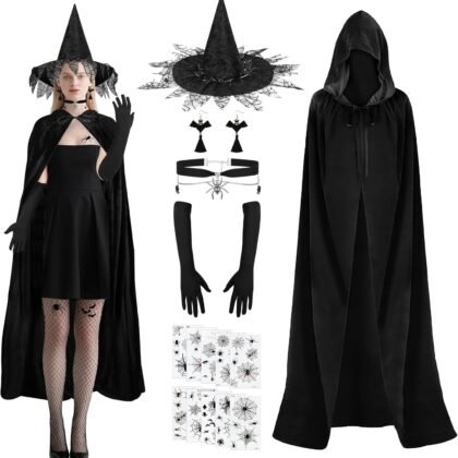 SelfTek Witch Costume for Women - Halloween Womens Wit-ch Costume, 17-Piece Hooded Cloak, Witc-h Hat, Long Gloves, Spider Necklace, Eardrop, Tattoo Stickers, for Halloween, Cosplay Props Party Outfits