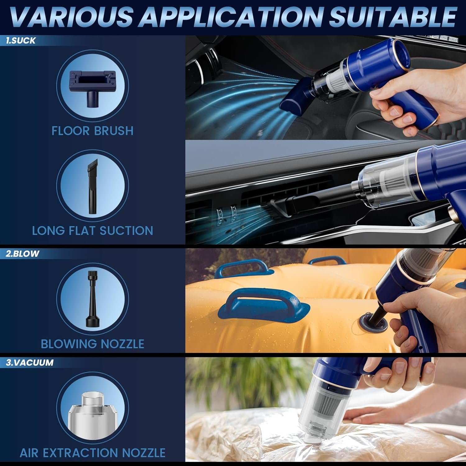 Nyo Handheld Car Vacuum Cleaner, 9000Pa Handheld Vacuum Cleaner & Air Duster, 120W High-Power Wet and Dry Portable Vacuum with Brushless Motor, Multi-Nozzles for Car, Home, Office, Pet (Blue) - Image 3