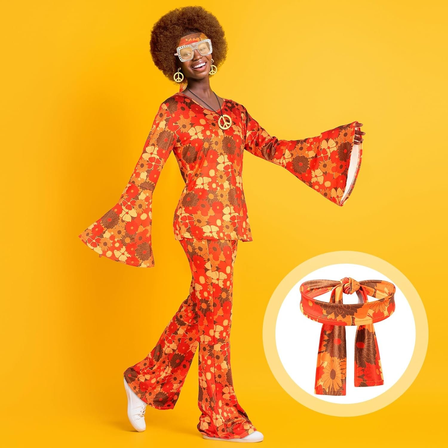 Shihanee 7 Pcs Women 70s Hippie Costume Accessories Disco Outfits Earring Necklace Headband Wig Glasses - Image 3