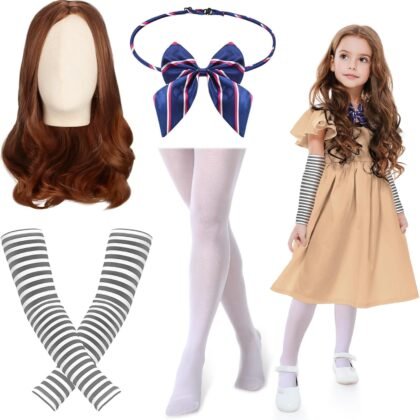4 Pcs Halloween Horror Movie Costume Girls Halloween Horror Party Cosplay Bow Tie Socks Arm Sleeves Wig for Halloween Outfit Accessories