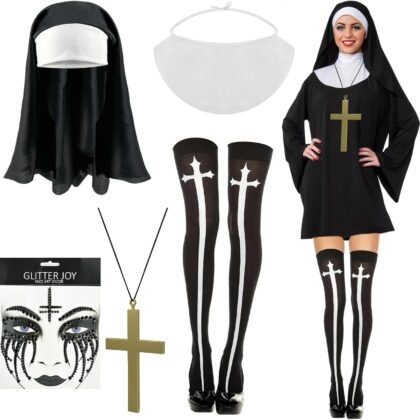 Halloween Nun Costume Accessories Set Nun Costume Kit Creepy Goth Nun Costume with Nun Headband Nun Cross for Halloween Party Naughty Nun Cosplay Suplies