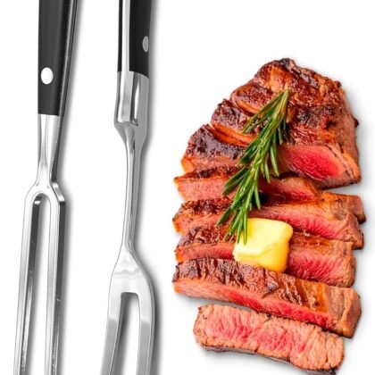 2 Pcs Carving Fork for Meat 12 inch - Stainless Steel Meat Fork with Heat-Resistant Handle for Grilling, Cooking, Serving - Straight and Curved Carving Utensils with Classic Two-Prong BBQ Design