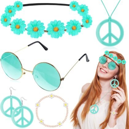 Batiyeer 6 Pcs Hippie Costume Accessories Set, Boho Peace Sign Daisy Flower 60s 70s Party Favors Decor for Groovy Party Women(Lake Blue)