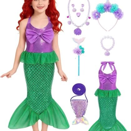 Little Girls Mermaid Costume Kid Princess Ariel Cosplay Dress Outfit Halloween Costume with Accessories Birthday Party