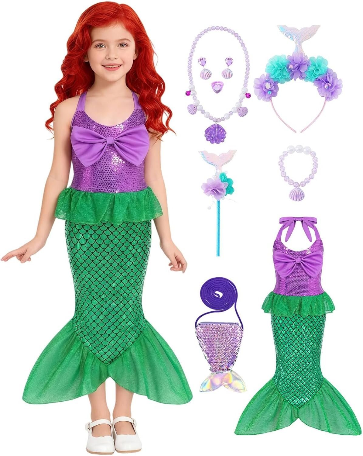 Little Girls Mermaid Costume Kid Princess Ariel Cosplay Dress Outfit Halloween Costume with Accessories Birthday Party