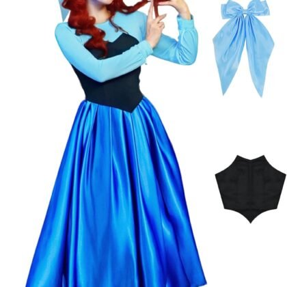 Poboola Ariel Costume Women Mermaid Princess Dress Adult Halloween Party Cosplay Blue Classic Fancy Dress with Headwear