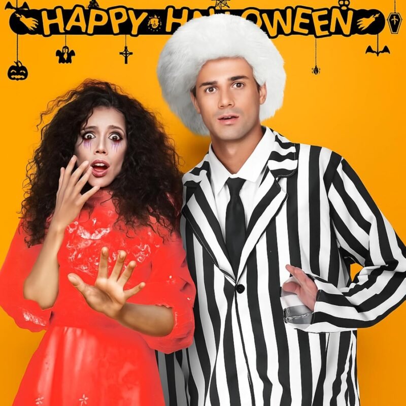Jeyiour 5 Pcs Black and White Striped Halloween Suit Costume Set with Suit, Pants, White Wig, Black Tie and Fake Collar for 80s Scary Movie Halloween Cosplay Party Outfit - Image 6