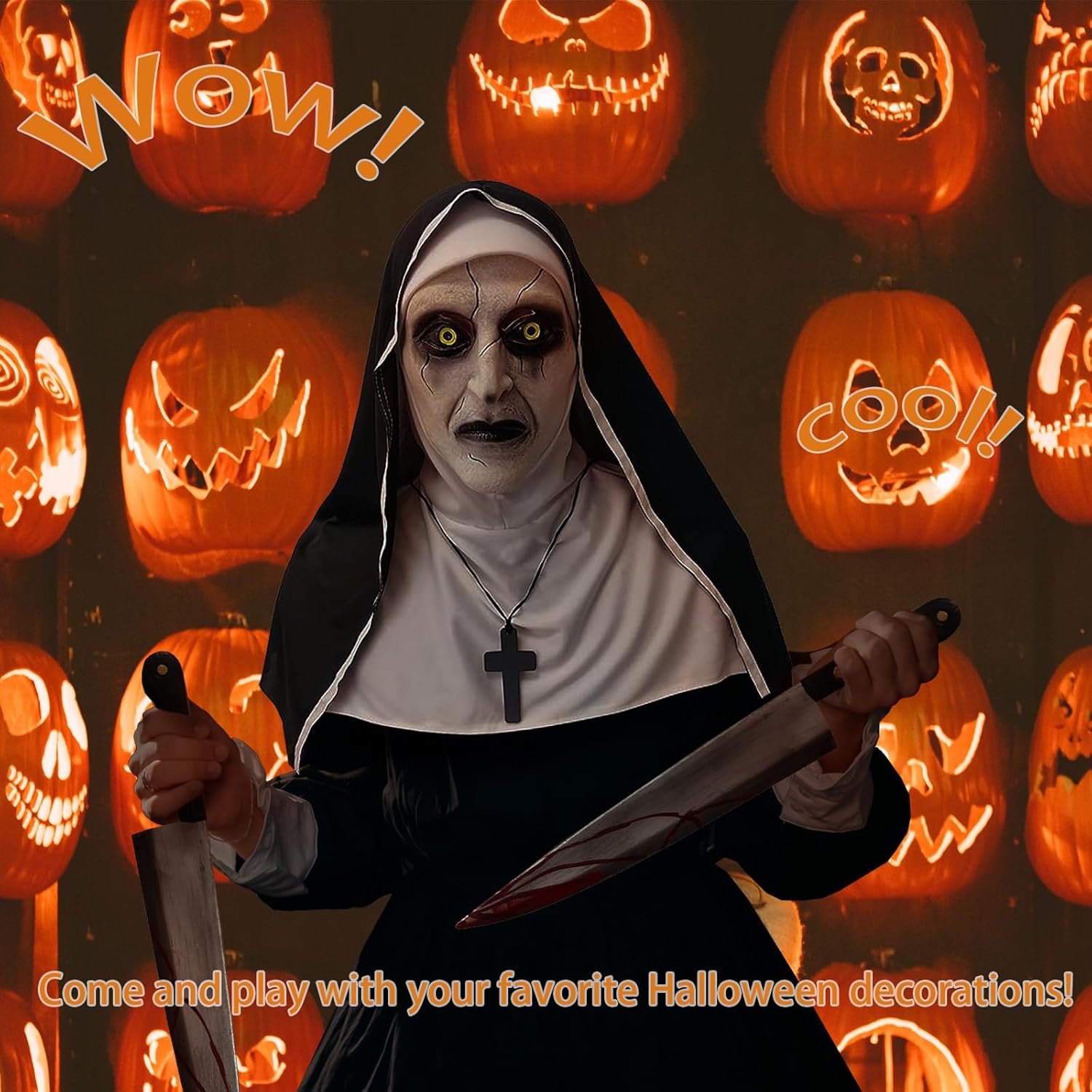Halloween Scary Nun Mask, Full Head Latex Nun Mask with Cross Charms for Horror Parties Cosplay - Image 6