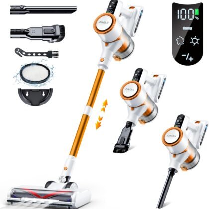 Cordless Vacuum Cleaner, 23Kpa Vacuum Cleaner with Rechargeable Battery, Household Vacuum with 40 mins Runtime and 2 Speeds for Pet Hair and Hardwood Floor Orange
