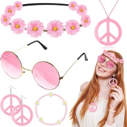 Batiyeer 6 Pcs Hippie Costume Accessories Set, Boho Peace Sign Daisy Flower 60s 70s Party Favors Decor for Groovy Party Women(Pink)
