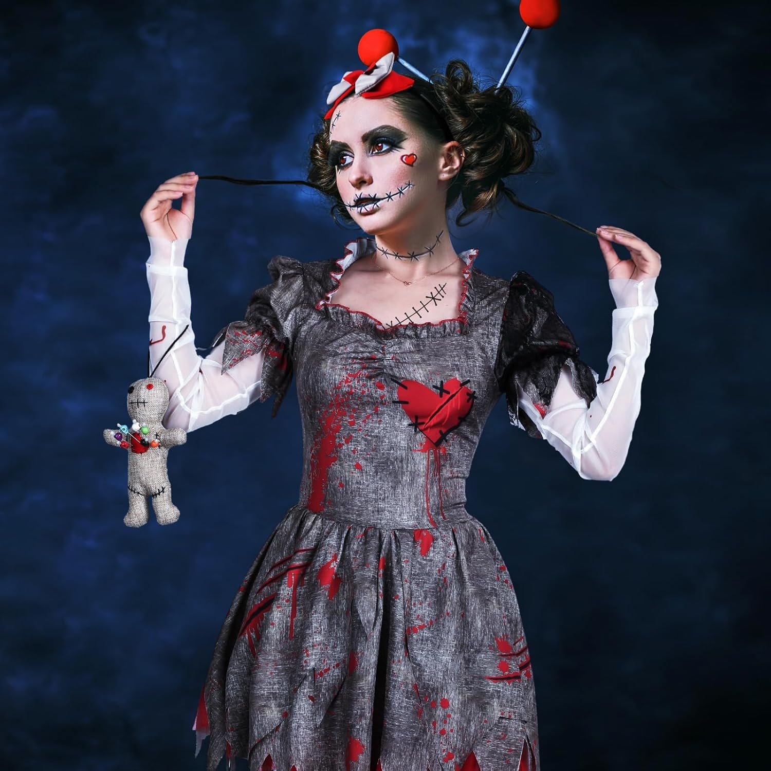 Libima Voodoo Costume Women Creepy Doll Cosplay Dress Set Silk Stockings Gloves Scar Tattoos Sticker Bow Headpiece - Image 2