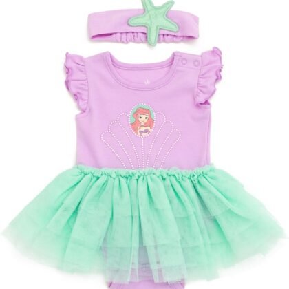 Disney Princess Baby Girls Cosplay Bodysuit With Skirt Overlay & Headband Outfit Set Newborn to Infant Sizes (0-24 Months)