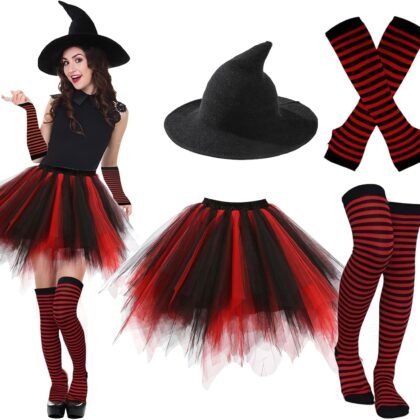 Ibeauti Halloween Witch Costumes for Women Girls Gothic Cosplay Witch Hat Tutu Skirt Striped Knee High Socks Arm Warmers Set