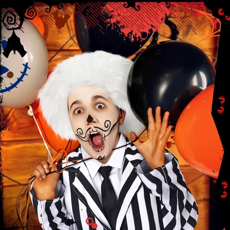 Jeyiour 5 Pcs Black and White Striped Halloween Suit Costume Set with Suit, Pants, White Wig, Black Tie and Fake Collar for 80s Scary Movie Halloween Cosplay Party Outfit - Image 4