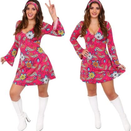 Ladies Hippy Costume 60s/70s Pink Dress + Headband