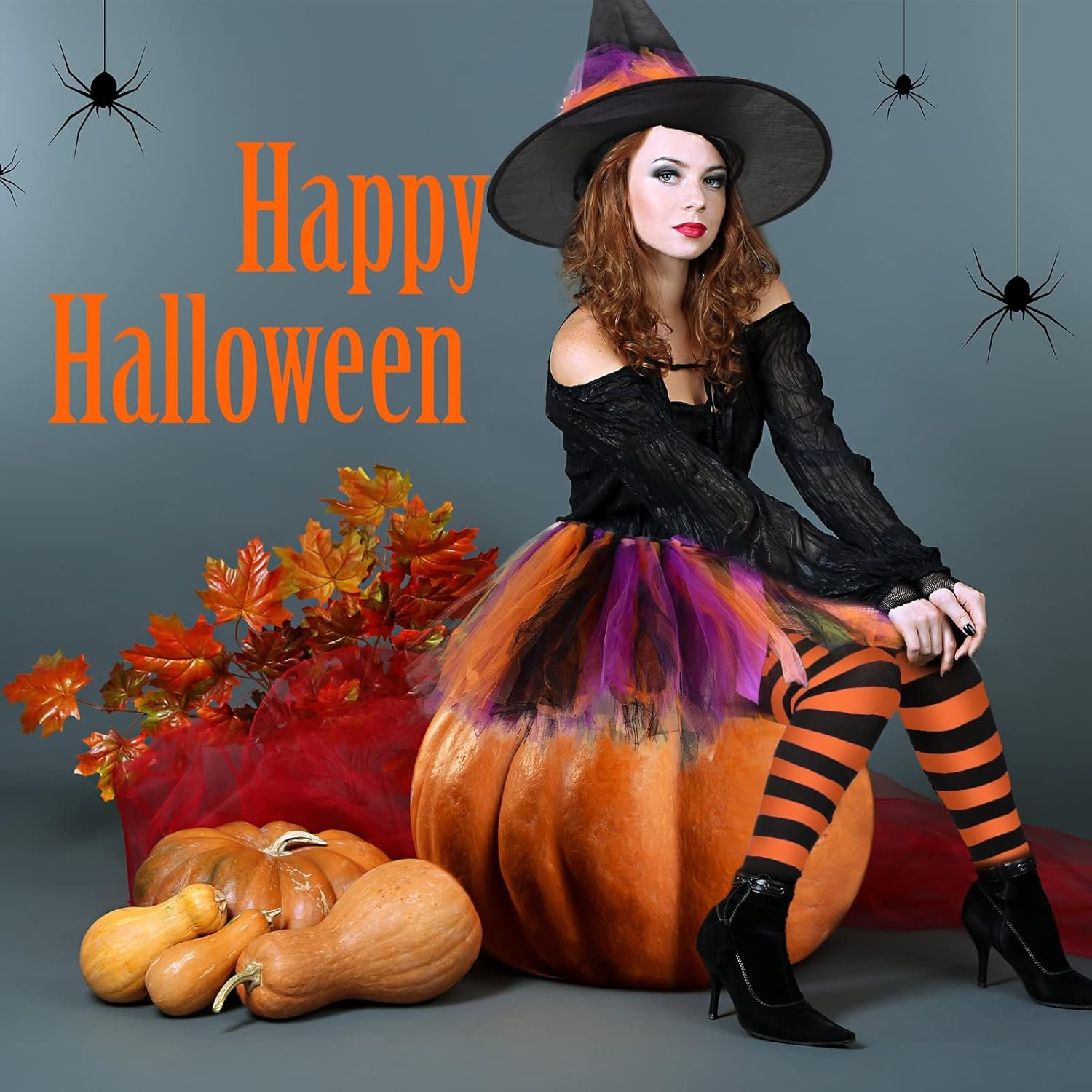 SATINIOR Halloween Witch Costume for Women 2025 Halloween Witch Hat Tutu Skirt and Striped Tights for Cosplay Party(Orange Black) - Image 7