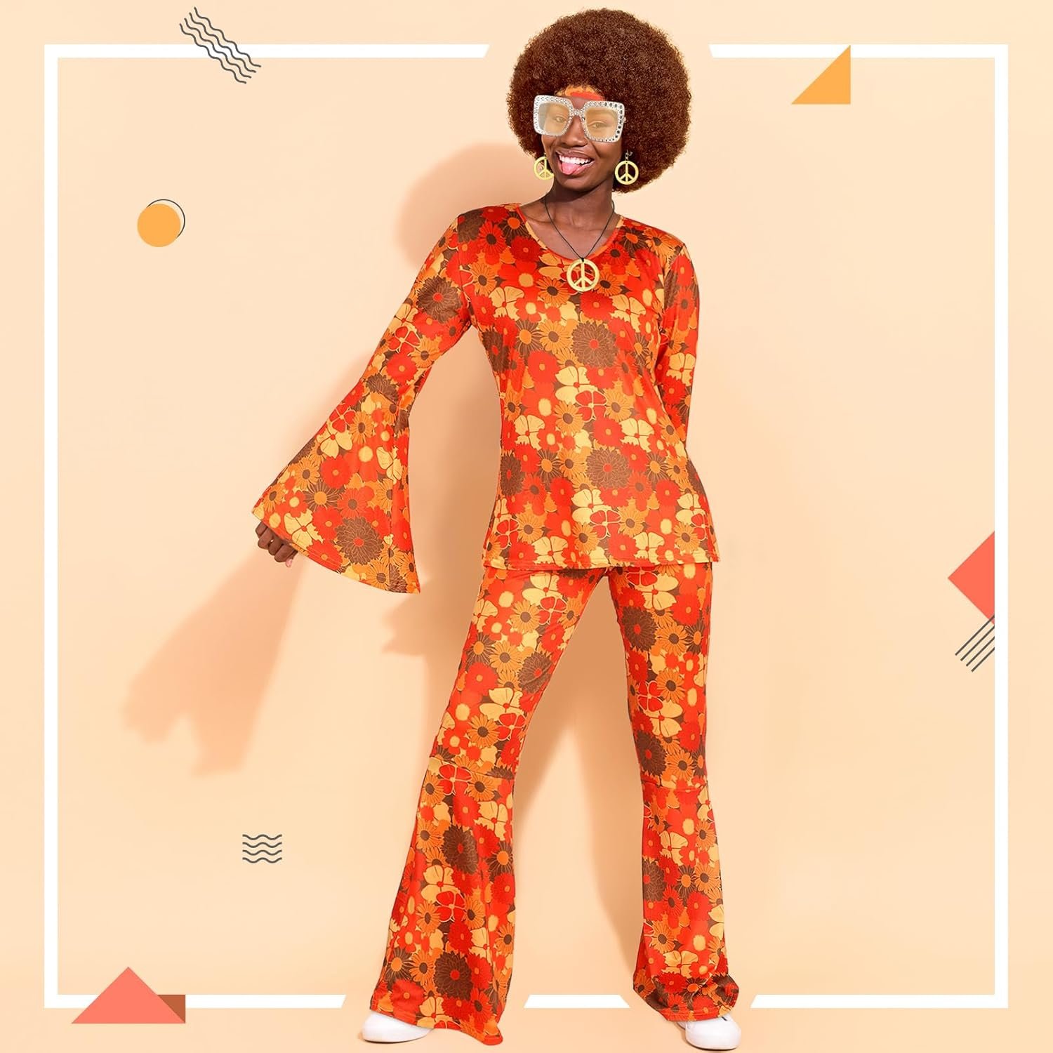 Shihanee 7 Pcs Women 70s Hippie Costume Accessories Disco Outfits Earring Necklace Headband Wig Glasses - Image 6