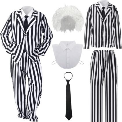 Jeyiour 5 Pcs Black and White Striped Halloween Suit Costume Set with Suit, Pants, White Wig, Black Tie and Fake Collar for 80s Scary Movie Halloween Cosplay Party Outfit