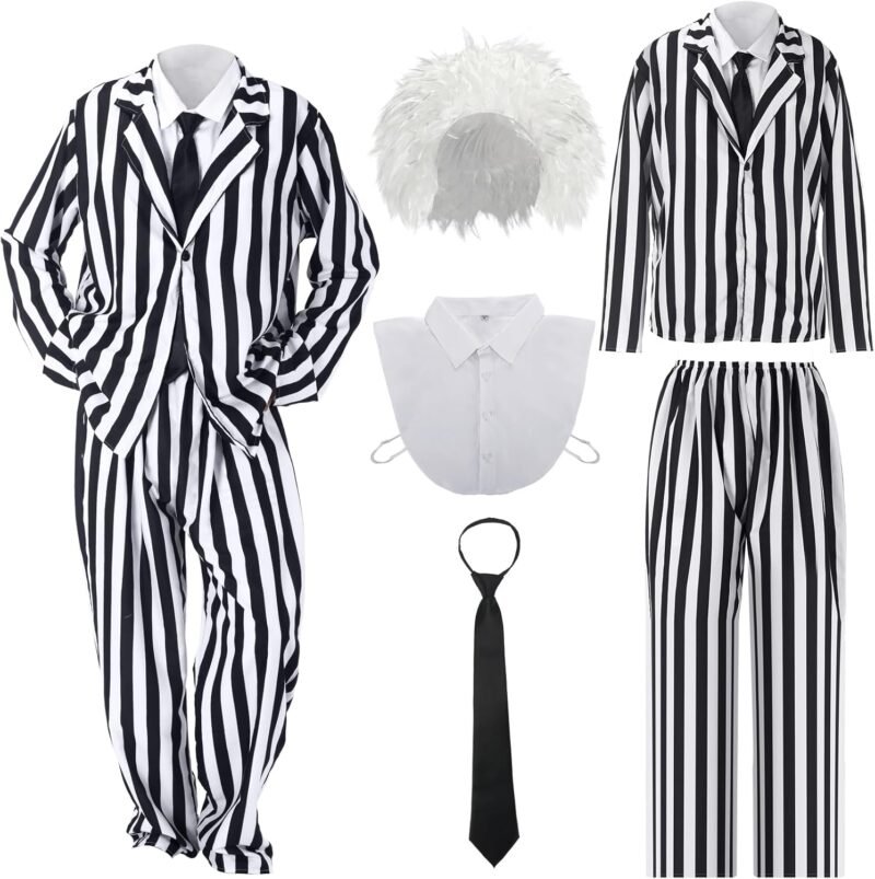 Jeyiour 5 Pcs Black and White Striped Halloween Suit Costume Set with Suit, Pants, White Wig, Black Tie and Fake Collar for 80s Scary Movie Halloween Cosplay Party Outfit