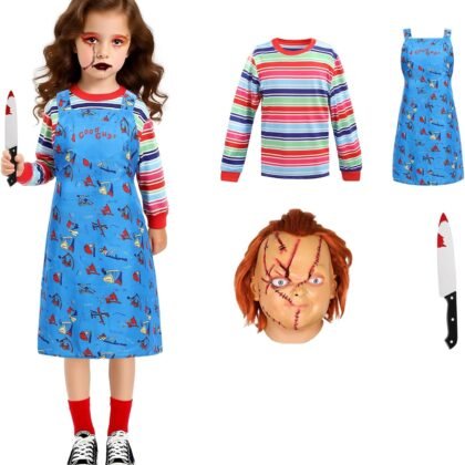 3PCS Girls Evil Killer Doll Costume, Blue Dungaree Dress Striped Top Outfit with Scary Mask Knife, Halloween Party Cosplay