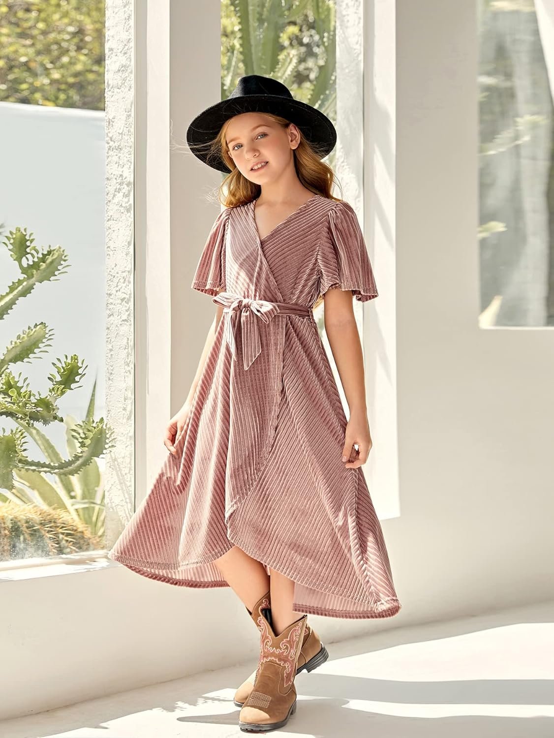 Girls Felt-Fedora-Hat Classic Wide Brim Belt-Buckle Panama Hat for Kids 7-15 Years - Image 2