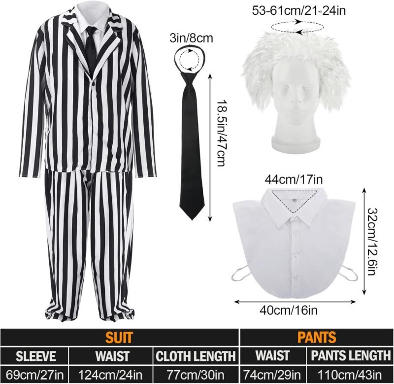 Jeyiour 5 Pcs Black and White Striped Halloween Suit Costume Set with Suit, Pants, White Wig, Black Tie and Fake Collar for 80s Scary Movie Halloween Cosplay Party Outfit - Image 2