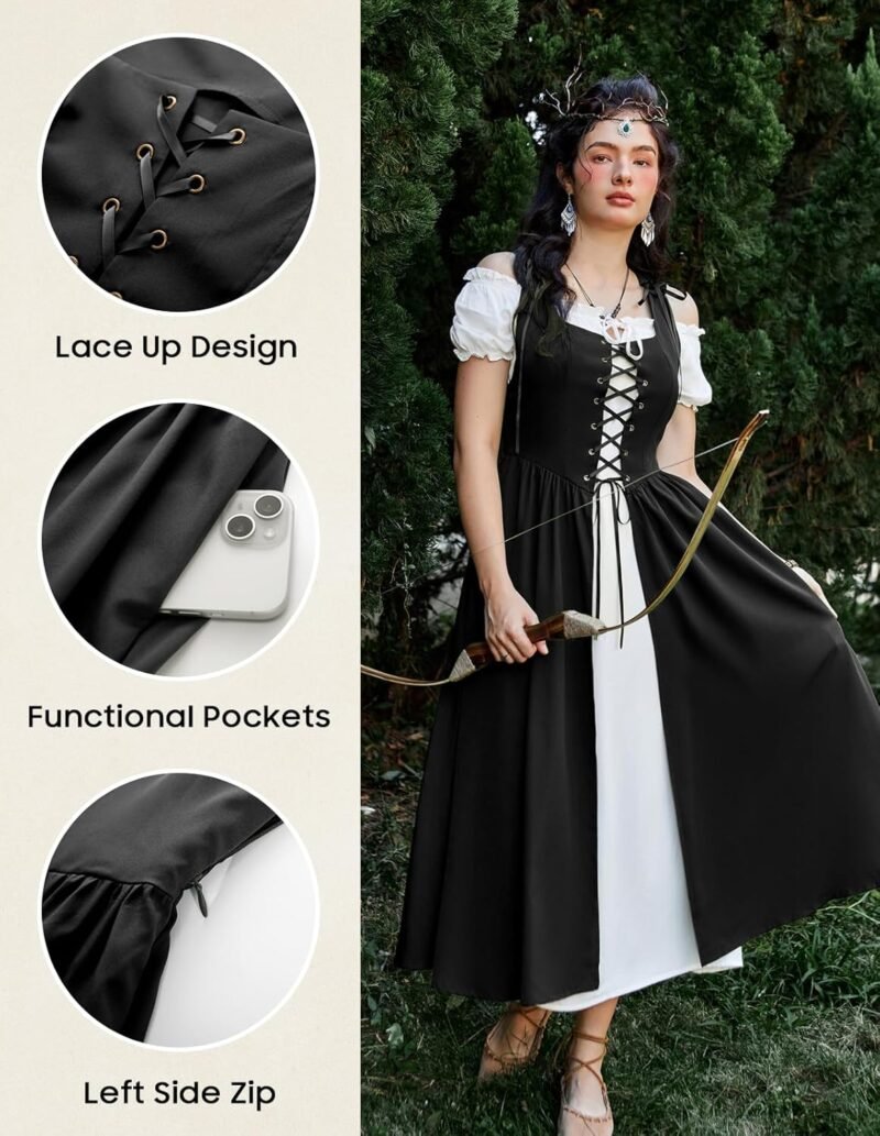 Scarlet Darkness Halloween Renaissance Costume Women Peasant Medieval Dress Short Sleeve Maxi Dresses with Pockets - Image 2