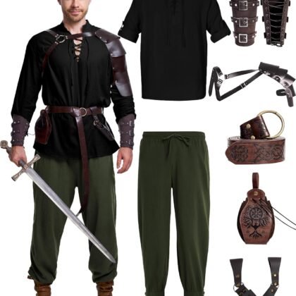 8 Pcs Men's Renaissance Costume Halloween Medieval Pirate Shirt Pant Viking Costume Accessories Set